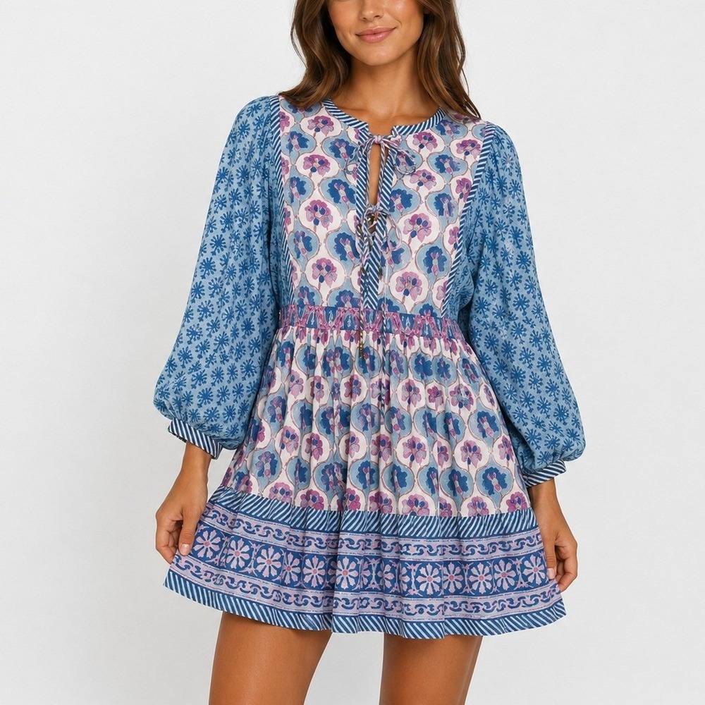 Oliphant Tie Front Balloon Mini Dress Iris Blue Floral Print Cottagecore Boho XS